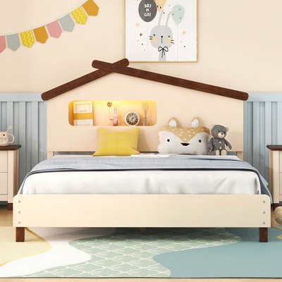 Full Size Bed Frame with House-Shaped Headboard, Wood Platform Bed Frame Full Size with LED, Wood Slat Support, No Box Spring Needed