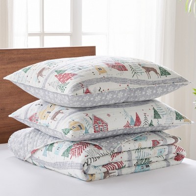 Full White Cotton Reversible Christmas Quilt Set