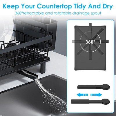 Black Carbon Steel Multi-Functional Dish Drying Rack with Utensil Holder