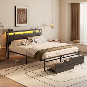 Aheaplus Platform Bed with Hidden Drawers, Storage Headboard, LED Light, and Charge Station - 1 of 4