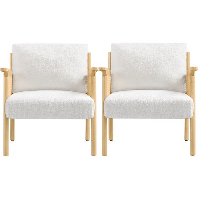 Yaheetech 2pcs Boucle Upholstered Accent Chairs with Rattan Back, White
