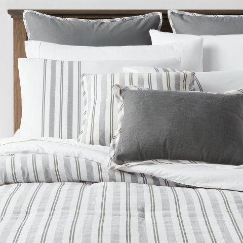 Threshold 8pc Queen Reversible Classic Stripe Comforter Set Gray/White - Threshold™: Percale, Includes Euro Shams & Bed Skirt
