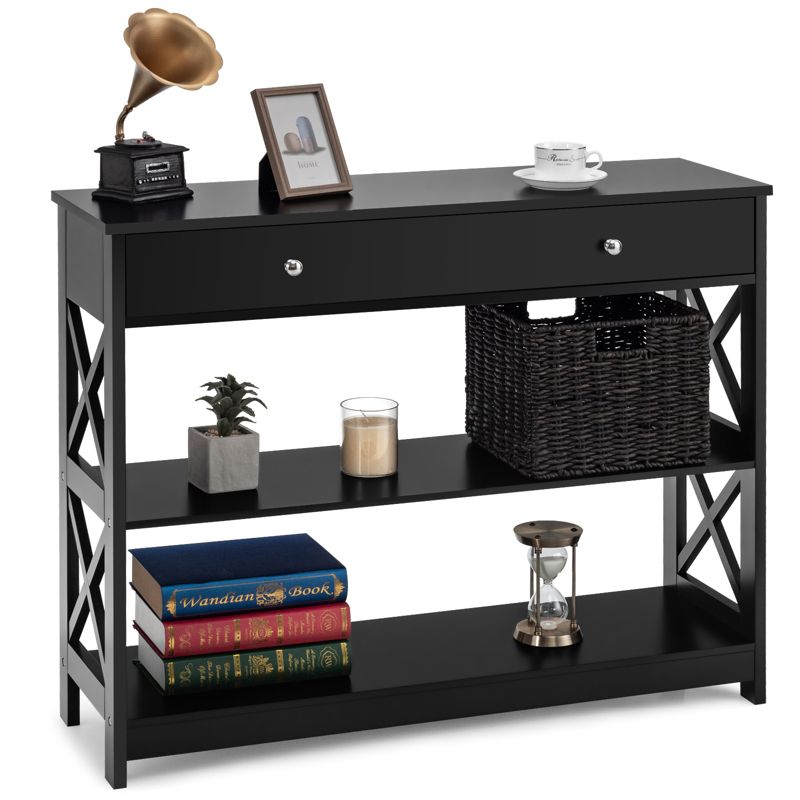 Tangkula Console Table Narrow Entry Table w/ Drawer & Shelves Sofa Table Black/White, 4 of 7