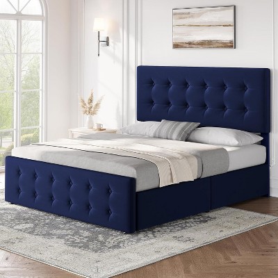 Full Size Bed Frame with 4 Storage Drawers and Headboard, Linen Upholstered Platform Bed Frame with Wooden Slats Support, Button Tufted Design, Grey