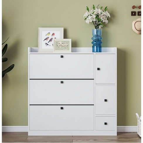 White Modern Shoe Storage Cabinet with 3 Flip Drawers Wood 3-Tier