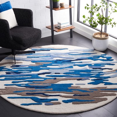 Ivory and Blue Round Hand-Tufted Wool Area Rug
