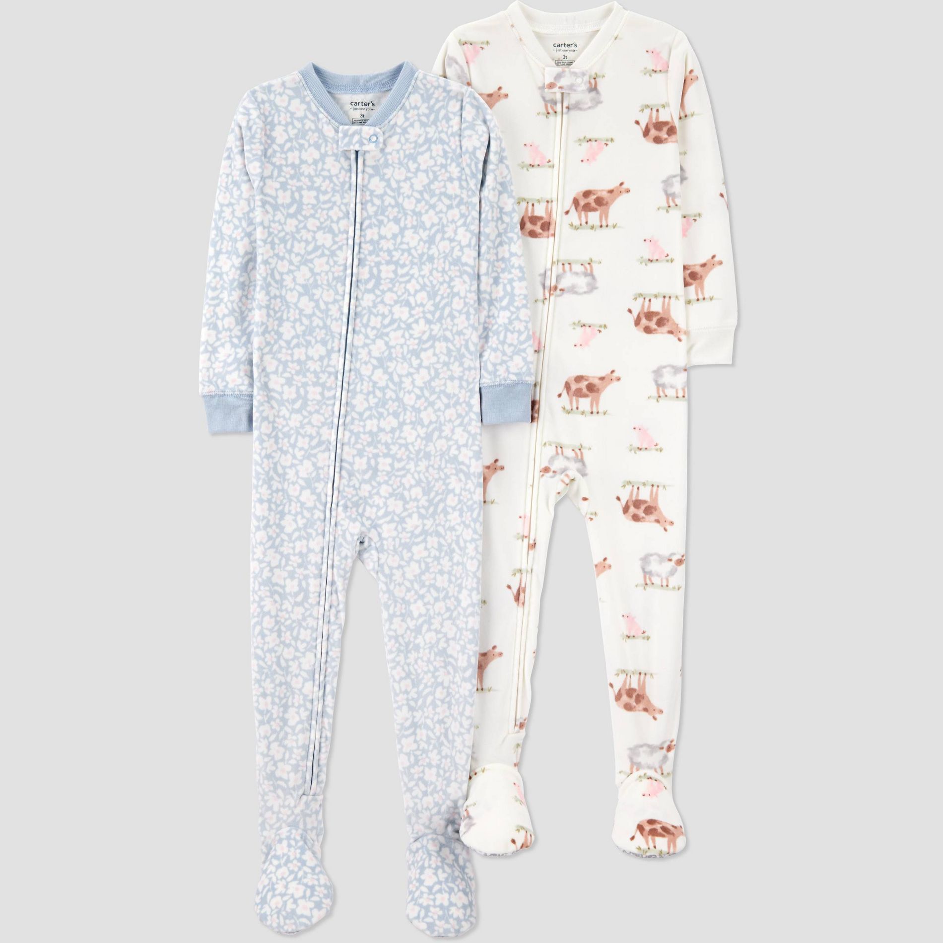 Carter's Just One You® Toddler Girls' 2pk Snug Fit Long Sleeve Farm and Floral Velour Footed Pajama - Blue/White 18M
