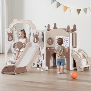 12-in-1 Toddler Slide Playset – Indoor & Outdoor Kids Slide with Basketball Hoop, Golf & Drawing Board (Beige & Rosy Brown, 54×62×39 in) - 1 of 4