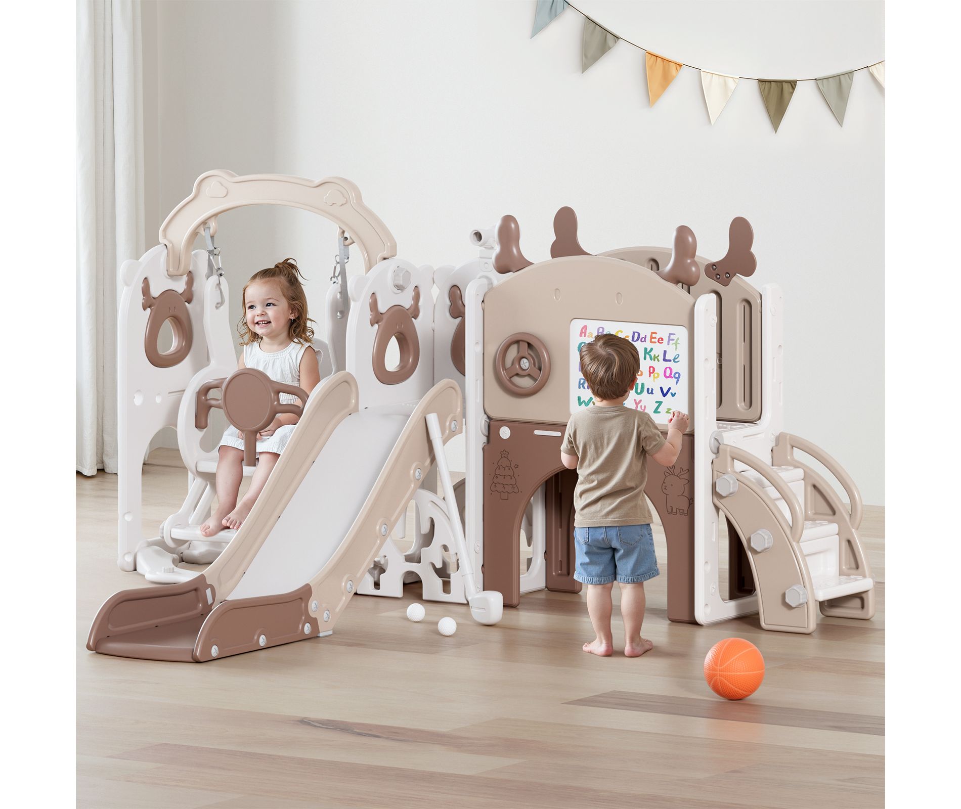 12-in-1 Toddler Slide Playset – Indoor & Outdoor Kids Slide with Basketball Hoop, Golf & Drawing Board (Beige & Rosy Brown, 54×62×39 in)