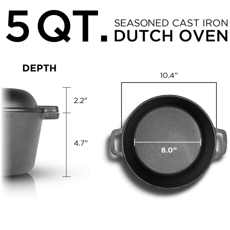 COMMERCIAL CHEF Pre-Seasoned Cast Iron Dutch Oven, Black, 3 of 9