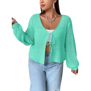 Coolmee Women's Plus Size Cardigan Top Hollow Out Open Knit Sweater Ladies Tie Front Shrug - 1 of 3