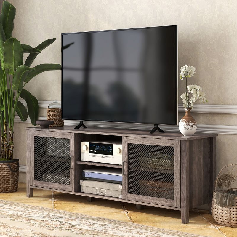 HOMCOM Industrial TV Cabinet Stand for TVs up to 65", Entertainment Center with Mesh Doors and  Shelves for Living Room, Brown, 3 of 7