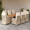 vidaXL 9 Piece Patio Dining Set - Beige Poly Rattan & Acacia Wood Table with Cushions - Adjustable Reclining Chairs - 2 of 4