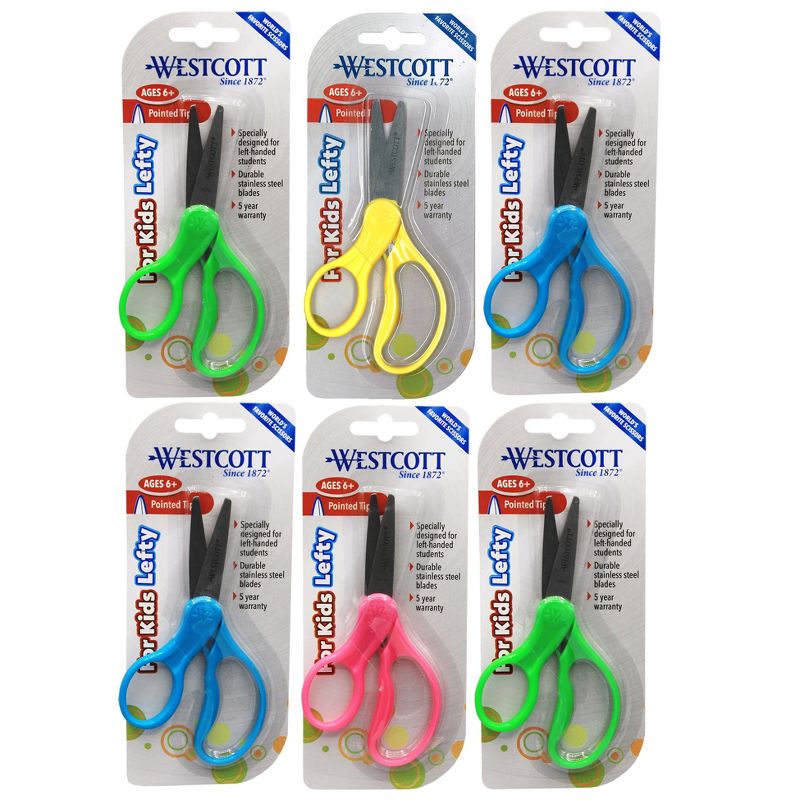 Westcott® School Left-Handed Kids Scissors, Assorted Colors, 5" Pointed, Pack of 6, 1 of 3