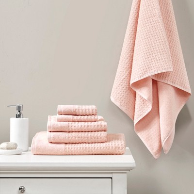 6Pcs 100% Cotton Solid Color Bath Towel Set, Anti-Microbial Certified Waffle Jacquard Quick Dry Bath Towel