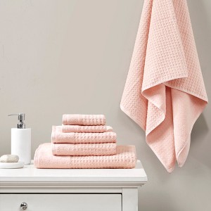 6Pcs 100% Cotton Solid Color Bath Towel Set, Anti-Microbial Certified Waffle Jacquard Quick Dry Bath Towel - 1 of 4