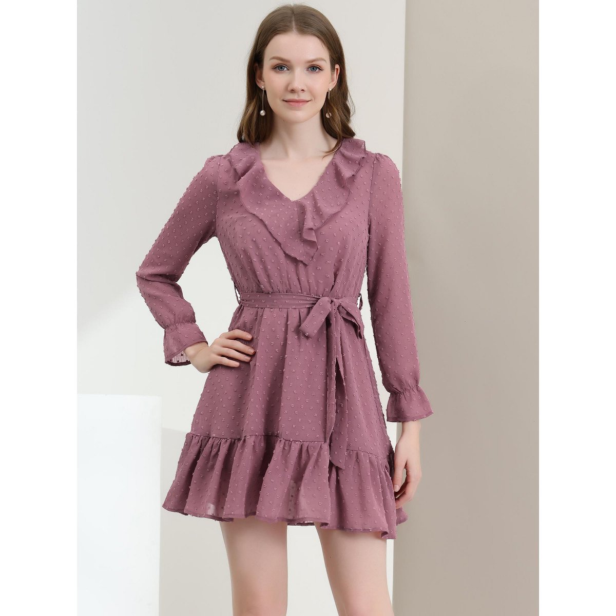 Женские платья INSPIRE CHIC Women's Ruffle V Neck Pom Pom Belted A-Line Chiffon Dress Small Dusty Pink — фото 3