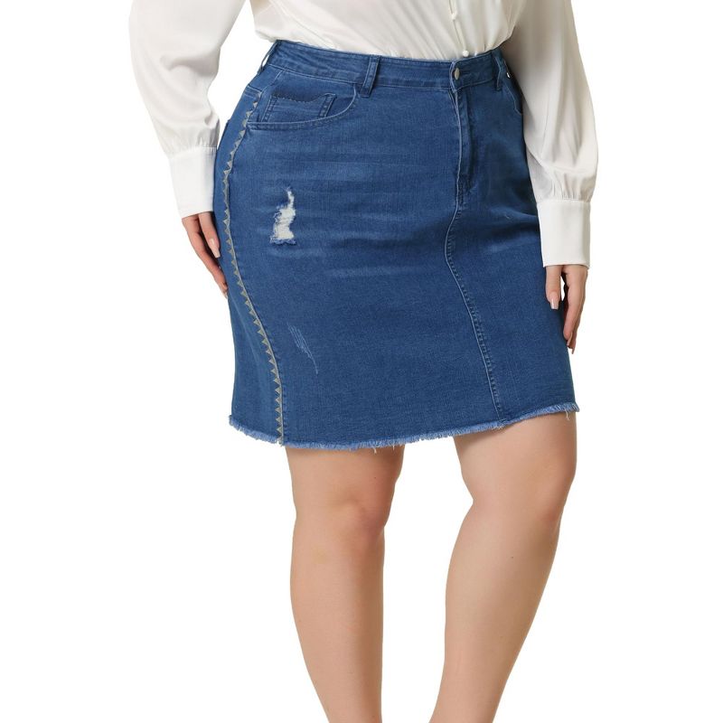 Agnes Orinda Women's Plus Size Denim Embroidered Distressed Ripped Pencil Jean Skirts, 2 of 6