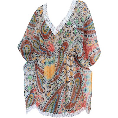 LA LEELA Women's Summer Vacation Beachwear Mini Bathing Suit Loose Beach Dress Swimsuit Cover-up Casual Dress for Women Medium-Large Red, Paisley