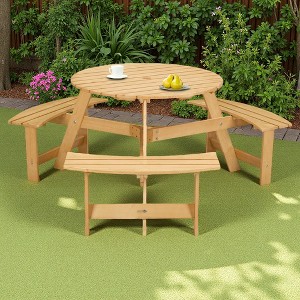 6-Person Outdoor Patio Wooden Round Picnic Table with 3 Built-in Benches and Umbrella Hole - 1 of 4