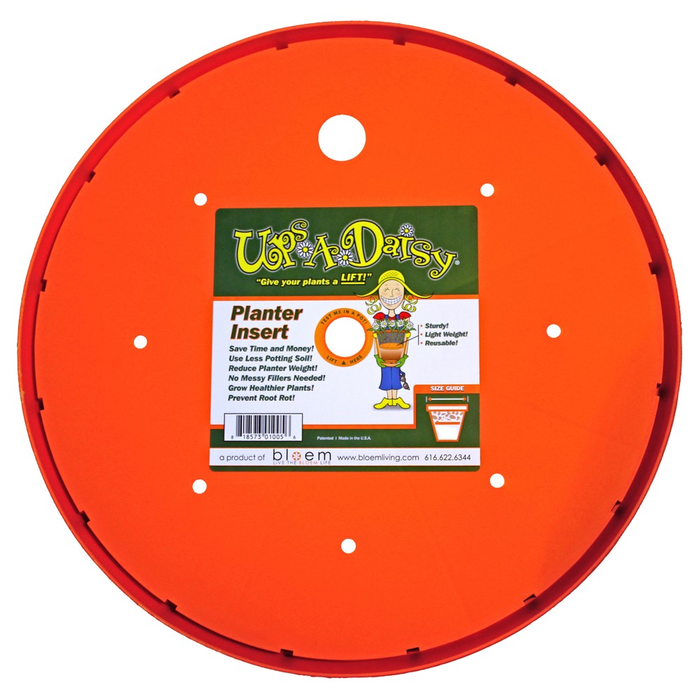 Bloem Ups-A-Daisy Round Planter Insert: 16  - Orange - Durable Resin Disk  Drainage Holes  Place Inside A Planter  Use Less Potting Soil  For Indoor & Outdoor Use  Gardening