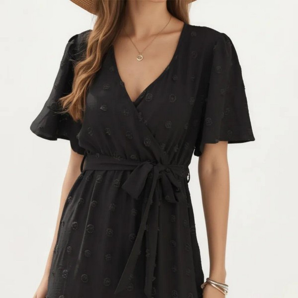 Vestido largo de mujer de manga corta con frente cruzado, lazo en cintura y falda en capas - Anna-Kaci 5