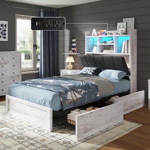 AMERLIFE LED Bed with 4 Storage Drawers, Bookcase Headboard and Charging Station - 1 of 4