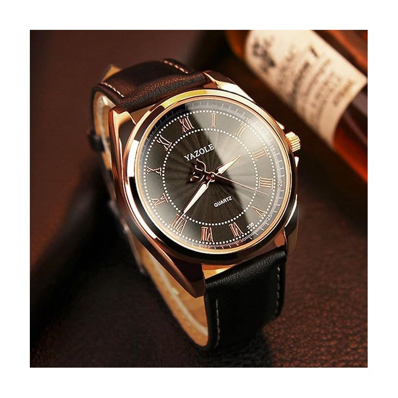 Mens Watches Quartz Wristwatch with Leather Strap, Black/Brown, 3 of 9