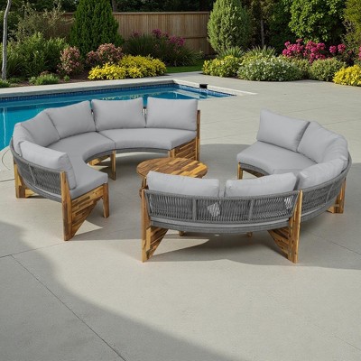 12-Seater Outdoor Acacia Wood Round Sectional Sofa Set with Coffee Table