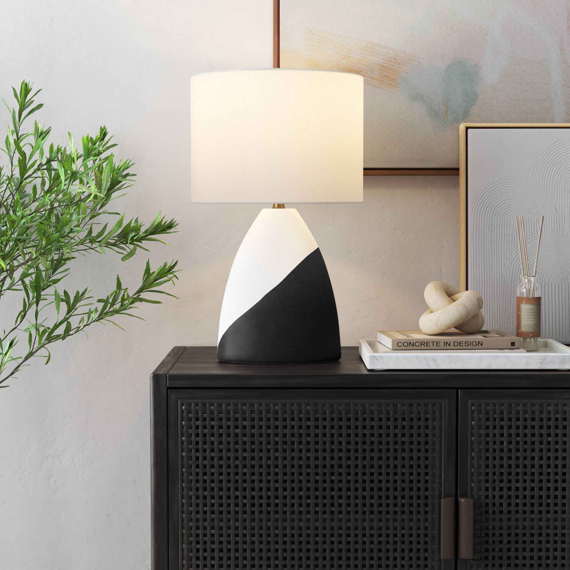 20.5"x12.5" Modern Table Lamp Black/White - Threshold™: Ceramic Base, Linen Shade, UL Listed, No Assembly Required