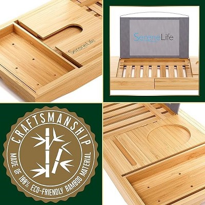 Adjustable Natural Bamboo Bathtub Caddy with Glass Holder