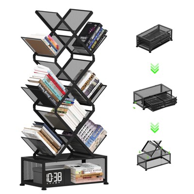 HDZNVF 9 Tier Folding Tree Bookshelf,  Floor Standing Book Shelf, Tall Bookcase With Storage Cabinet