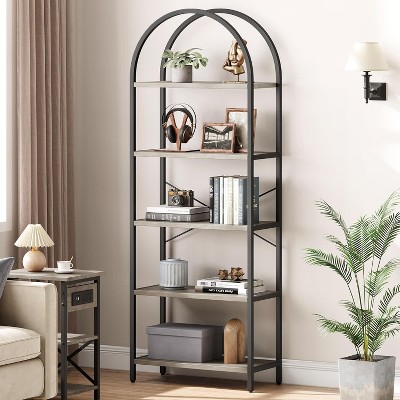 Homhougo Arched Bookshelf 5 Tier Tall Bookcase Modern Standing Bookshelves Metal Storage Rack Shelf Wood Book Shelf for Bedroom, Living Room, Gray