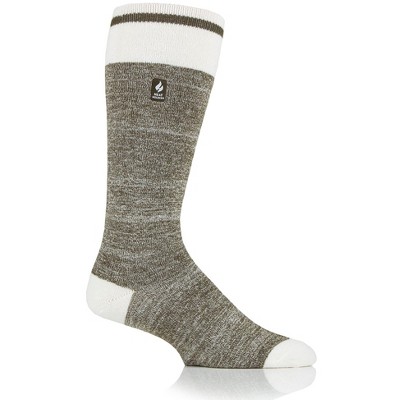 Heat Holders® Men's Charlie ULTRA LITE™ Long Cream Block Twist Socks | Thermal Yarn | Lightweight Winter Socks Tight Fit Shoes | Warm + Soft, Hiking, Cabin, Cozy at Home Socks | 3X Warmer Than Cotton