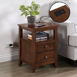 HomeStock Belmont Melbourne End Table with Two Drawers, Shelf and Built-In Charging Station, Stylish Accent Side Table with USB Ports and Plug - 1 of 4