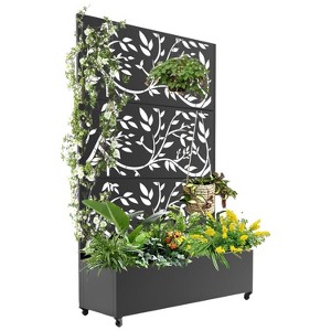 Metal Planter Box with Trellis, Galvanized Privacy Screen with Wheels, Planter Box with Drainage Hole for Plants, Standing Growing Bed - 1 of 4