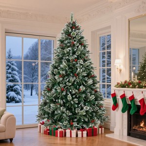 Gulches 8Ft Snow Frosted Artificial Xmas Tree,Pre-Decorated(Pinecones/Berries),Metal Stand - 1 of 4