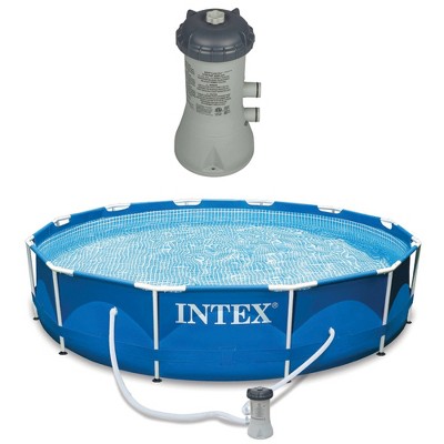 Intex 12x2.5 Ft Metal Frame Pool w/ Intex Swimming Pool Filter Pump System