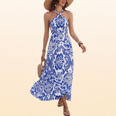 target summer beach dresses EadianDree Womens Halter Neck Paisley Maxi Sundress Waist Belted Boho Cutout Cross Strap Back Dress Resort Outfit Chinoiserie,BLUE collarless dress Black Warehouse Tulle Asymmetric Size:5 (Big Kid)