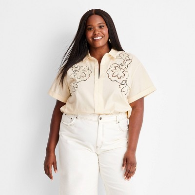 Women's Short Sleeve Eyelet Resort Button-Down Shirt - Future Collective™  with Jenny K. Lopez Cream 2X