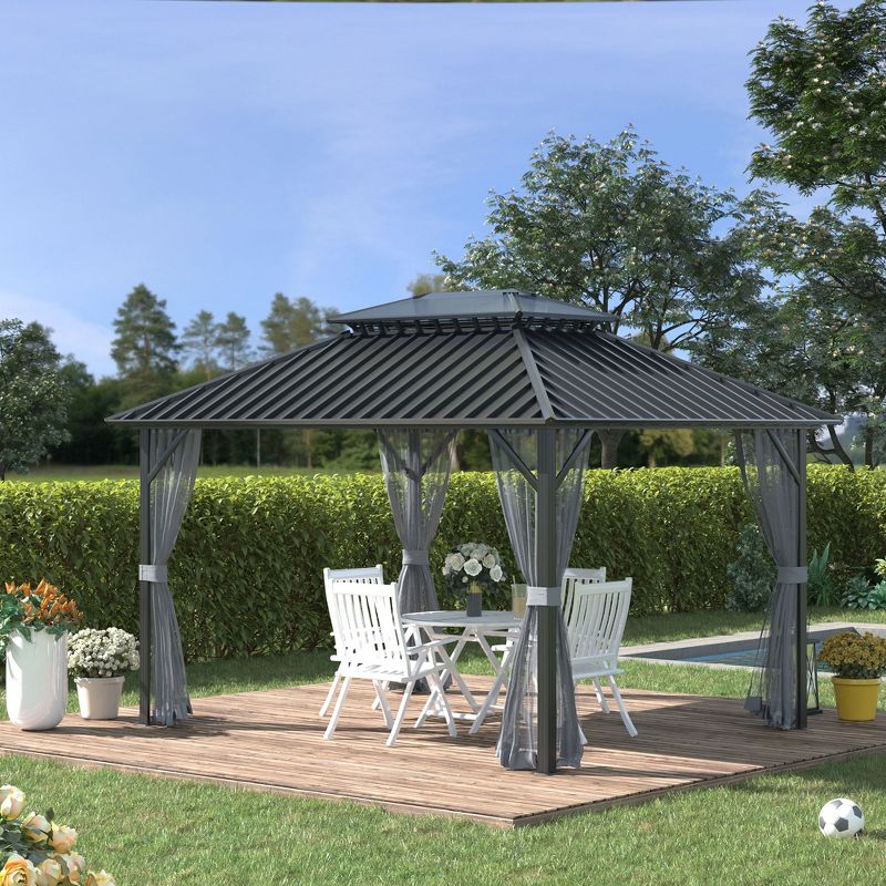 Outsunny 10x12 Hardtop Gazebo with Aluminum Frame, Permanent Metal Roof Gazebo Canopy with Netting for Garden, Patio, Backyard, 3 of 7