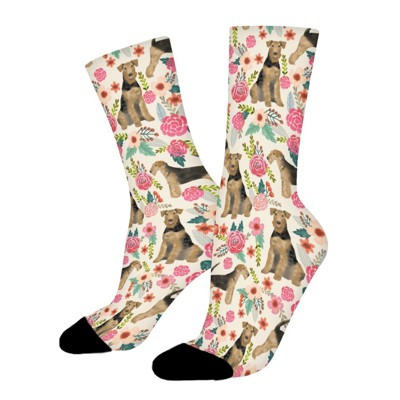 Airedale Dog Vintage Style Florals Women Printed Crew Socks Funny Funky Socks Soft Polyester Novelty Gifts for Artists Men