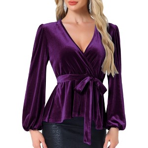 INSPIRE CHIC Women's Velvet Elegant Tie Waist Long Sleeve V Neck Wrap Peplum Blouse - 1 of 4