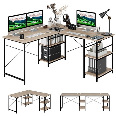 Costway 95'' Convertible L-shaped Corner Computer Desk 2-Person Long Desk Shelves Rustic/Black/Grey/Natural