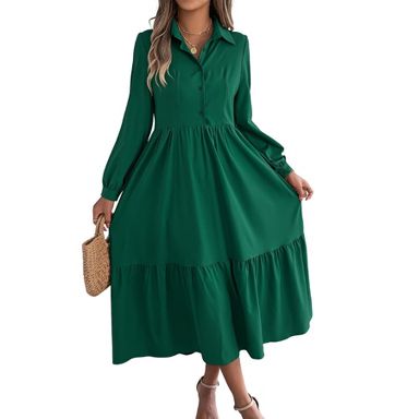 Clearlove Women's Relaxed Fit Long Sleeve Ruffle Detail Shirt Dress  Effortless Everyday Tunic Style Dark green M : Target