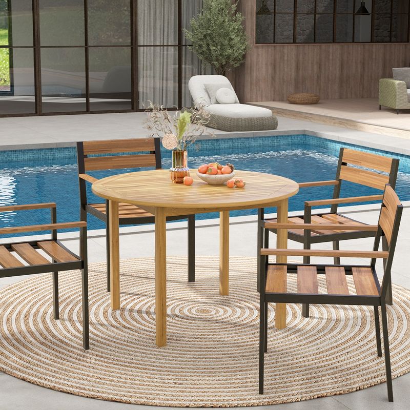 Costway Patio Dining Table Acacia Wood Round Outdoor Bistro Table 4-Person for Deck Lawn, 2 of 11