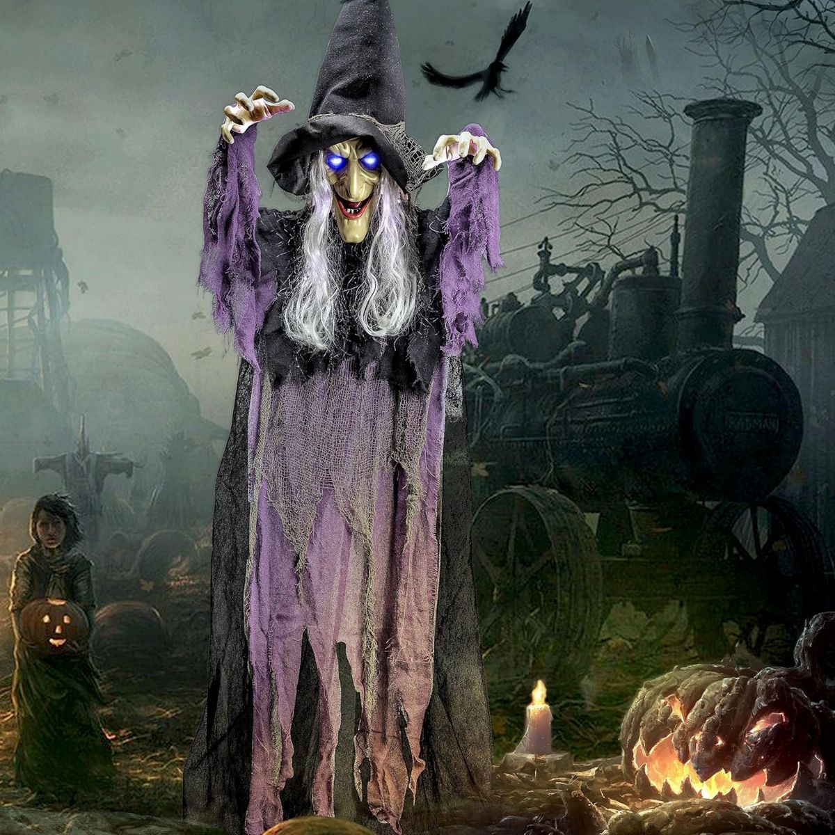 Joyfy Halloween Witch Decoration, Hanging Talking Witch Decorations Prop with Light Up Eyes for Halloween Outdoor, Indoor, Haunted House Decor - thumbnail 9