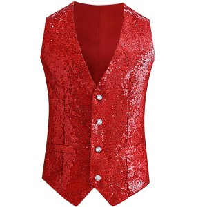 INSPIRE CHIC Men's V-Neck Sleeveless Disco Sparkly Sequin Suit Vest - 1 of 4