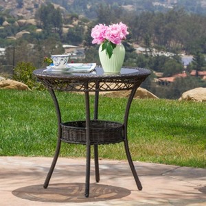 Osparple Round Patio Table,Wicker Outdoor Dining Table with Tempered Glass Tabletop and Open Shelf for 2/4,Brown - 1 of 4
