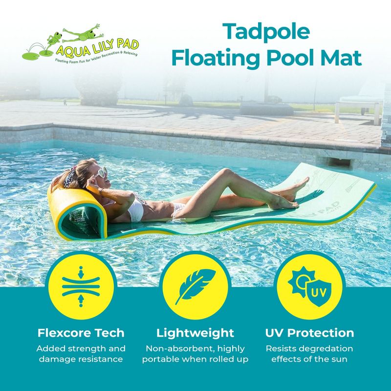 Aqua Lily Pad 85 x 24 Inch Tadpole Single Adult Floating Foam Pool Lounger Water Blanket Table Bed Mat with Pillow Straps & Storage Bag, Green/Yellow, 3 of 8